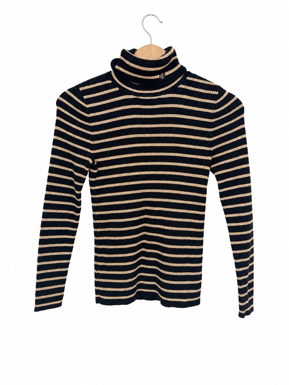 Lauren Ralph Lauren Petite Black Gold Metallic Stripe Turtleneck Sweater PM